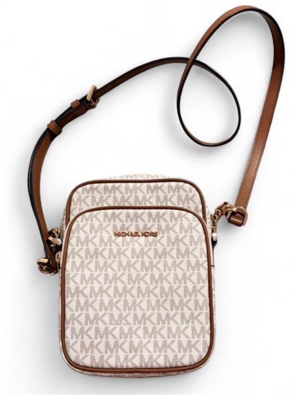 Michael Kors Jet Set Monogram Crossbody Bag in Vanilla/Acorn